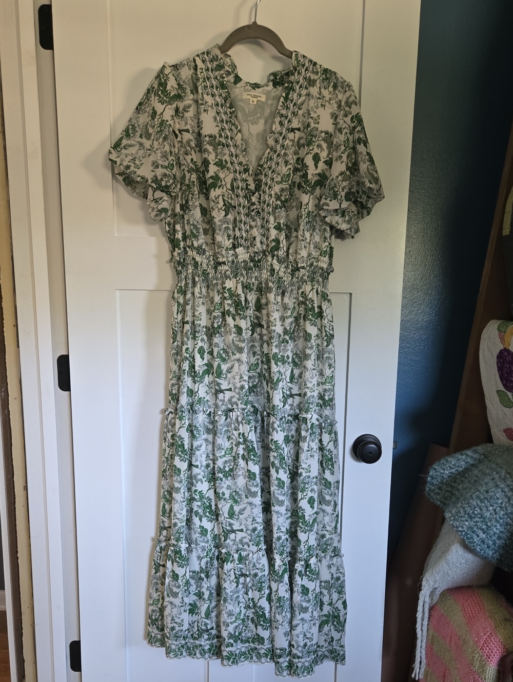 Green and White Floral Tiered Midi Dress